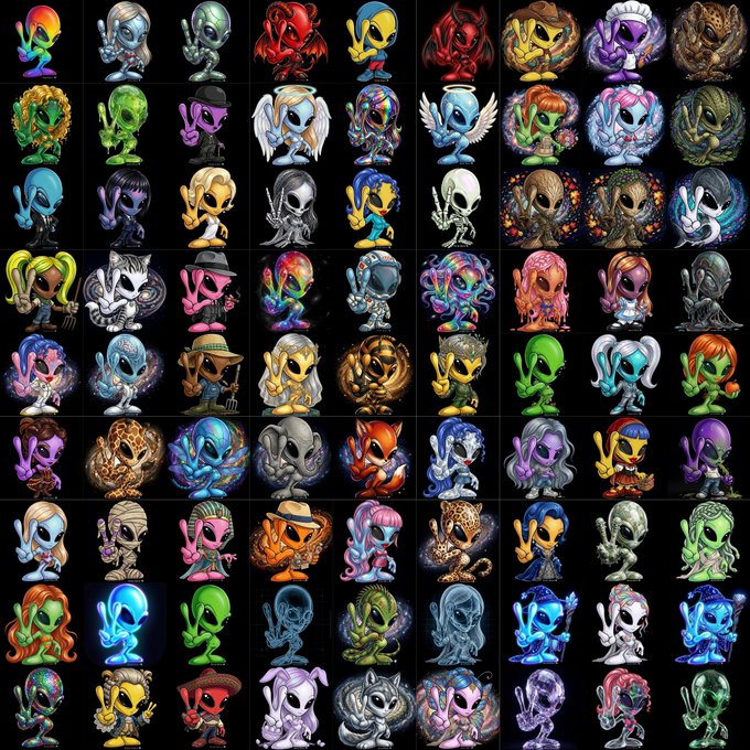 A grid of colorful, stylized alien and character NFT artwork featuring various creatures with different skin tones, hair styles, and outfits, many making peace signs.