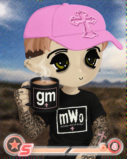 An anime-style avatar character wears a pink cap with a cross, holds a coffee mug labeled "gm," and sports a "mWo (milady world order)" shirt, displayed on what appears to be a Milady Maker-style profile.
