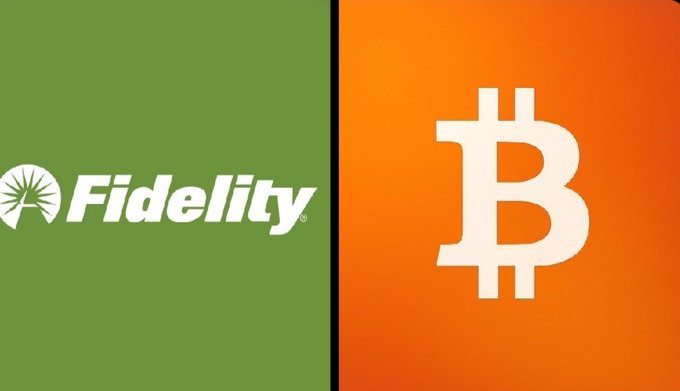 The image shows the Fidelity Investments logo alongside the Bitcoin symbol, visually representing Fidelity's $23.11 million Bitcoin purchase and highlighting growing institutional adoption of the cryptocurrency.