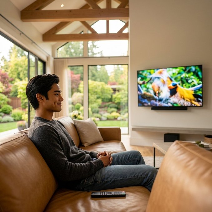 A man sitting on a brown leather couch in a modern living room with vaulted wooden ceilings, watching a nature documentary about colorful birds on a wall-mounted TV, with a remote control beside him.