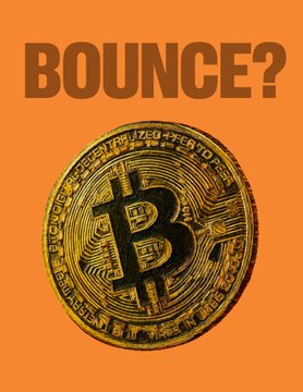 A graphic featuring a golden Bitcoin coin against an orange background with the bold text 'BOUNCE?'