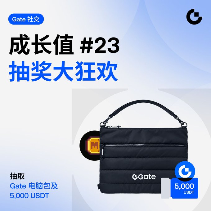 A promotional poster for Gate.io featuring '成长值 #23 抽奖大狂欢' (Growth Value #23 Lucky Draw), showing a black Gate laptop bag and a chance to win 5,000 USDT.