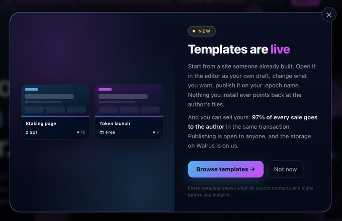 A dark-mode announcement pop-up reading 'Templates are live' with descriptions of staking pages and token launches, showing options to 'Browse templates' or 'Not now.'