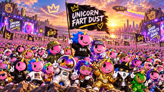 A vibrant, chaotic AI-generated illustration of a massive crowd of pink smiley-face characters holding flags reading 'UNICORN FART DUST' and '$UFD' at what appears to be a stadium concert.