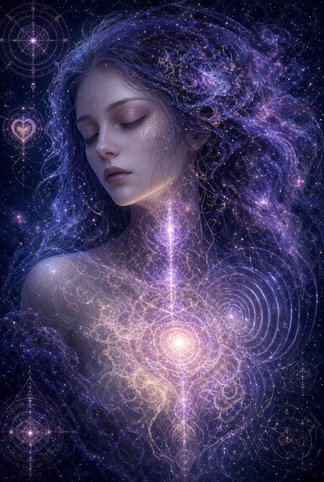 A mystical digital artwork of a woman with closed eyes, her hair and body dissolving into a swirling galaxy of stars, glowing light, and intricate geometric patterns.