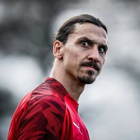 A close-up portrait of soccer player Zlatan Ibrahimović wearing a red and black striped athletic jersey, looking off to the side with a serious expression.