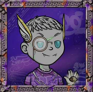 A stylized cartoon illustration shows a character with gray skin, teal eyes, and small wings against a purple patterned background with a decorative border.
