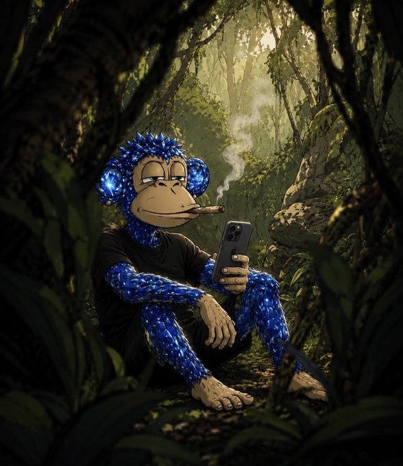 A blue monkey character wearing a spiky blue hoodie smokes a cigar while checking an iPhone in a jungle setting, evoking a "jungle" crypto trading vibe that humorously matches the user's request to buy $BAYLA tokens with .369 SOL via @bankrbot.