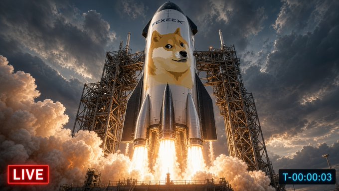 A Dogecoin-themed rocket emblazoned with a Shiba Inu face and "PEPEEX" text launches from a pad under a dramatic cloudy sky, with "LIVE" and "T-00:00:03" displayed on screen—symbolically representing the post's claim that DOGE is primed to take over the crypto space.