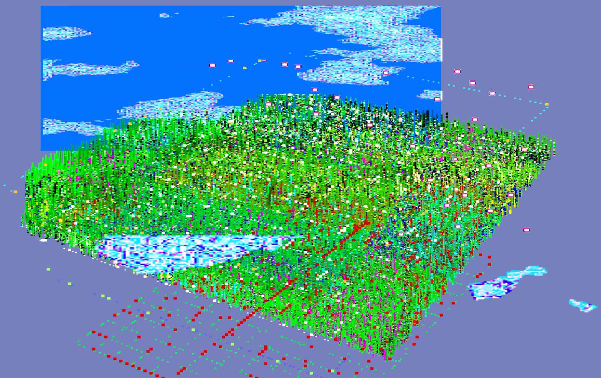 The image features a 3D rendering of a grassy field with a sky background, giving off an impression that one might be looking at a digital painting or a computer-generated image (CGI). The field has a green color, which is typical for grass and vegetation in nature. There are numerous small red dots scattered throughout the scene, possibly representing flowers or other elements of the landscape. The sky above the field appears to have some clouds, adding depth and texture to the overall composition.