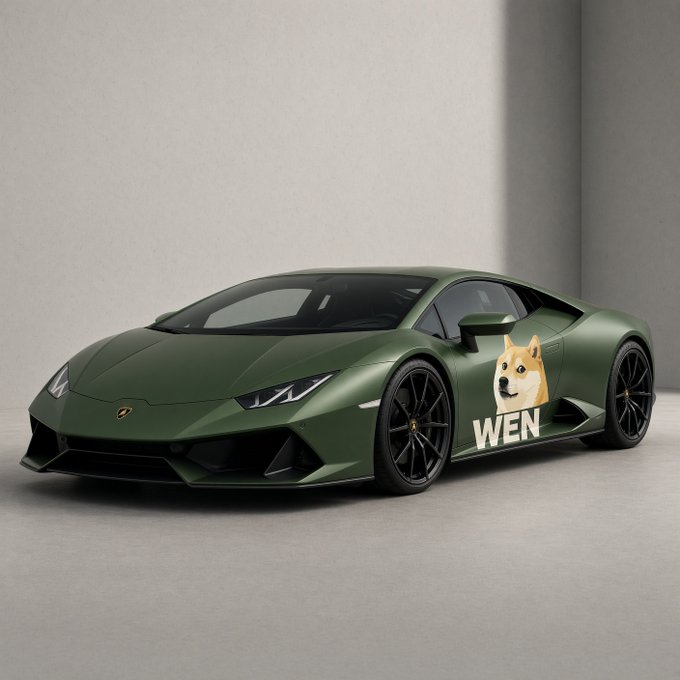 A green Lamborghini sports car is displayed in a studio setting, featuring a Doge/Shiba Inu dog meme graphic on the door with the word "WEN" beneath it. The image ties into the post's meme-style crypto optimism, suggesting that achieving a Lamborghini through crypto (like $DOGE) is just a matter of "when."