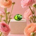 A small green and black patterned bead or egg-shaped object displayed on a white pedestal, surrounded by pink ranunculus flowers against a soft pink background.
