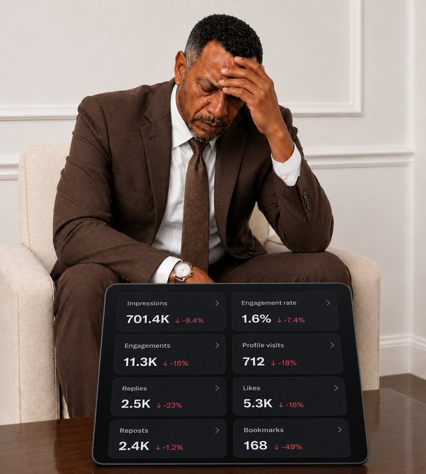 A man in a brown suit sits with his head in his hand in frustration, with a tablet displaying declining social media metrics: 701.4K impressions (-9.4%), 11.3K engagements (-16%), 1.6% engagement rate (-7.4%), and other dropping statistics.