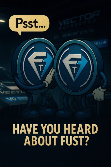 The image features two blue characters with white arms and legs standing side by side, each holding a coin. The text above them reads "Pssst... Have you heard about Fust?". Below the characters, there's some text that says "Focus on what is in the image and how it relates to the post."