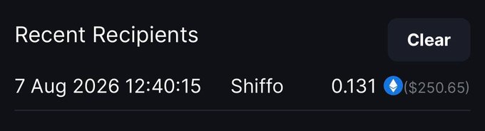 A screenshot showing a "Recent Recipients" history entry confirming a 0.131 ETH (~$250.65) transaction sent to "Shiffo" on 7 Aug 2026 at 12:40:15, providing visual proof of the crypto tip mentioned in the post congratulating @Herrn18 on receiving $250.