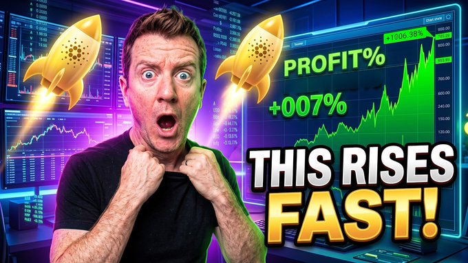 A YouTube thumbnail showing an excited man in front of trading charts and two gold rockets, with bold text reading "PROFIT% +007%" and "THIS RISES FAST!"
