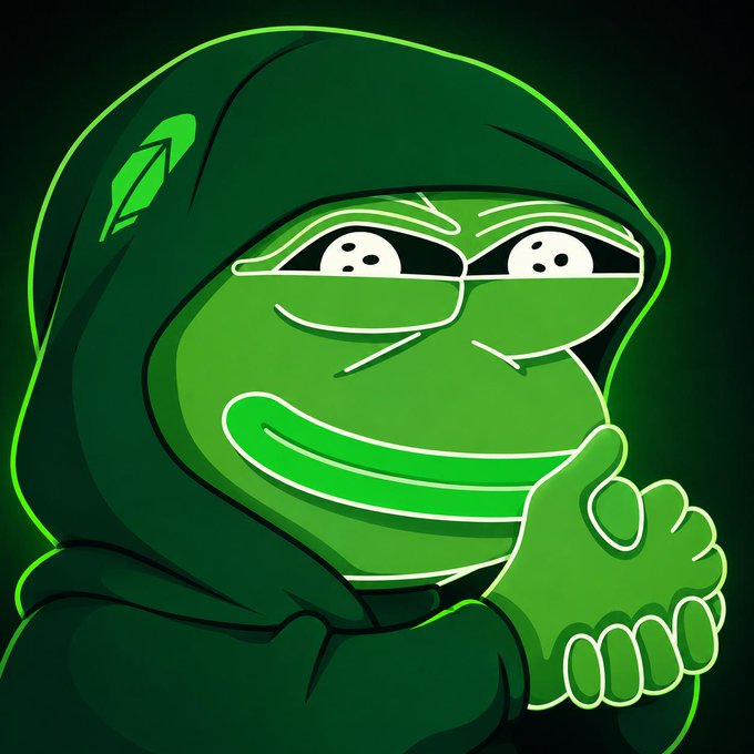 A green-tinted neon-style illustration of a hooded Pepe figure giving a thumbs-up gesture.