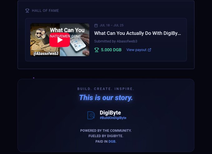 A DigiByte 'Hall of Fame' webpage featuring a YouTube video titled 'What Can You Actually Do With DigiByte' submitted by @Abassofweb3 that won 5,000 DGB.