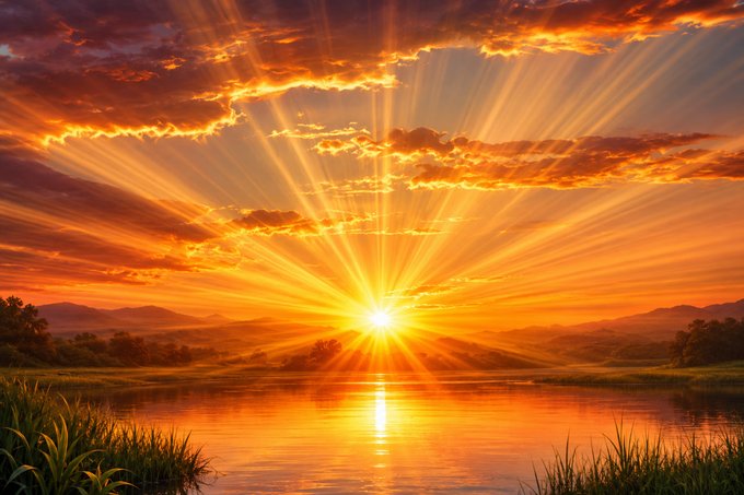 A vibrant landscape photograph of a bright orange sunset over a calm body of water, with dramatic sun rays piercing through clouds and reflecting on the water's surface.