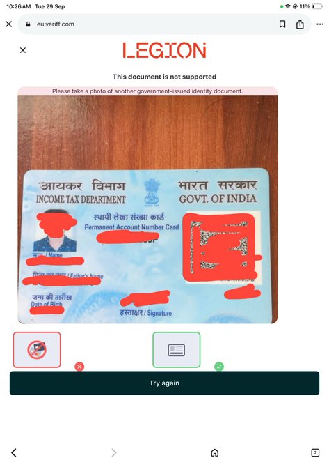 A mobile screenshot from eu.verify.com shows the Legion KYC verification page rejecting an Indian PAN card with the message "This document is not supported," instructing users to "take a photo of another government-issued identity document." The red highlights over the card details emphasize the rejection, illustrating the post's point that Indian users attempting KYC for the $JUMP sale with Aadhaar or PAN cards will face issues and need alternative government-issued IDs.
