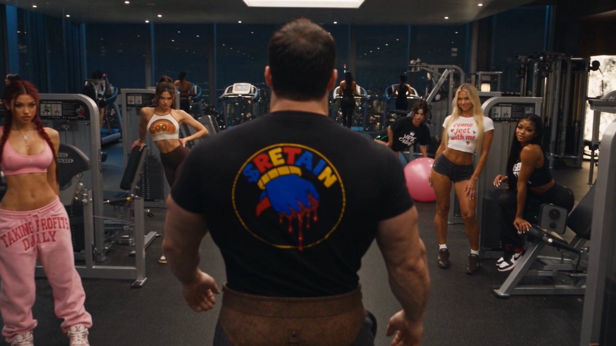 A gym scene shows a muscular man from behind wearing a black T-shirt with a large “RETAIN” graphic while several women pose around exercise equipment.