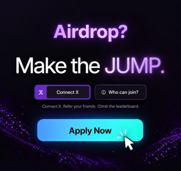 Digital promotional graphic with a dark purple background featuring text "Airdrop? Make the JUMP." along with "Connect X" and "Who can join?" buttons, and a blue "Apply Now" button being clicked by a cursor.