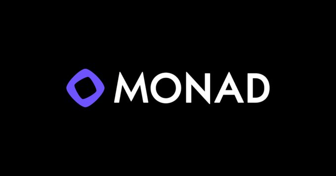 The Monad logo displayed on a black background, featuring a purple geometric diamond icon next to the white text 'MONAD'.