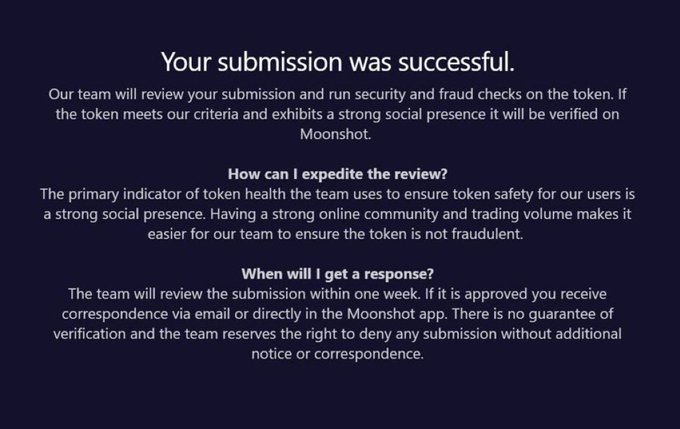 The image displays a dark blue confirmation screen stating "Your submission was successful" for token verification on Moonshot, with details explaining the review process and noting that approval depends on strong social presence. This relates to the user's Moonshot $GREENBULL post, confirming that the $GREENBULL token submission has been successfully received and is awaiting review within one week.