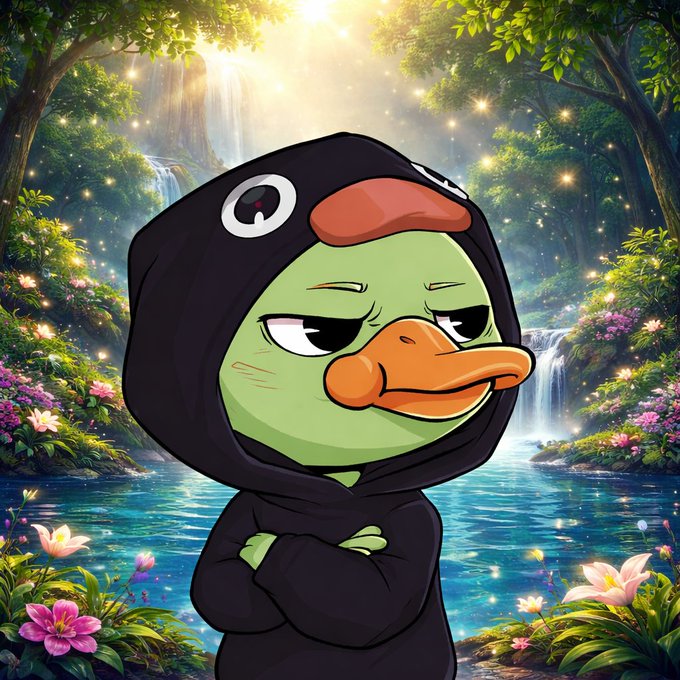 The image features a cartoon duck wearing a hoodie, standing by a waterfall surrounded by flowers. The duck has its arms crossed and appears to be looking at something or someone off-camera. The background of the image includes trees and waterfalls, creating a serene and natural setting for the scene.