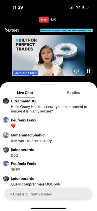 A mobile live stream on Bitget featuring 'Gracy Chen' with the title 'BUILT FOR PERFECT TRADES', showing a live chat with viewers like UltramanMBG, Peufenix Fenix, Muhammad Shahid, and jader berardo.