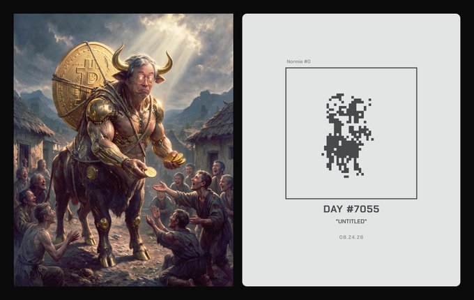 A split image showing a digital artwork of a horned centaur giving gold coins to villagers on the left, and a NFT titled 'DAY #7055 "UNTITLED"' with a pixelated graphic on the right.