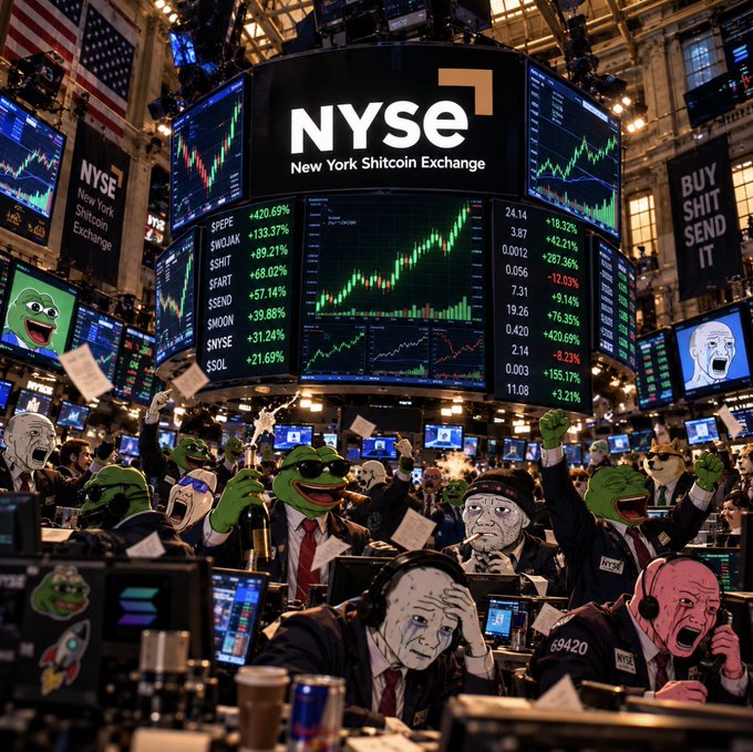 A chaotic and surreal image of the New York Stock Exchange trading floor, featuring Pepe the Frog and Wojak meme characters among the traders, with a sign reading 'NYGE New York Shitcoin Exchange'.