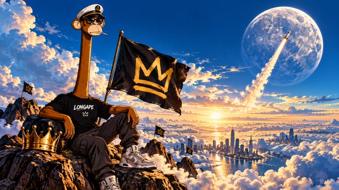 A digital illustration features an anthropomorphic giraffe wearing a captain's hat and a 'LONGFAPE' shirt, sitting on a mountain with a black and gold crown flag, overlooking a city at sunset with a large moon and a rocket launching in the background.