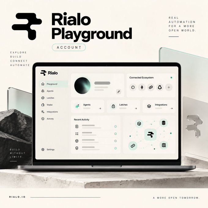 A promotional graphic for 'Rialo Playground,' a platform marketed as 'Real automation for a more open world,' showing a laptop displaying its dashboard with options for Playground, Agents, Latches, Wallet, Integrations, Activity, and Settings.