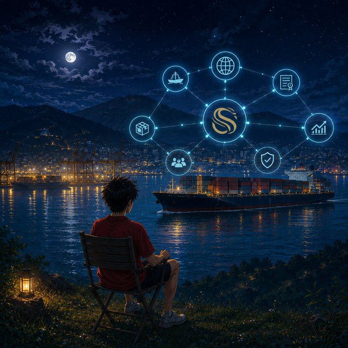 A digital illustration shows a boy sitting in a chair at night, looking out over a harbor city with a large cargo ship, while a glowing constellation of interconnected icons floats in the sky above the water.