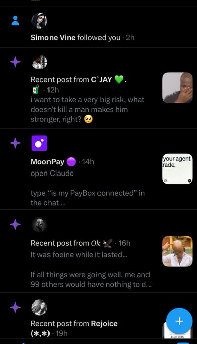 The image shows a mobile X (Twitter) notifications feed displaying updates including Simone Vine following the user, and recent posts from C'JAY ("i want to take a very big risk, what doesn't kill a man makes him stronger, right?"), MoonPay, Oluwaakinlola ("It was fooine while it lasted..."), and Rejoice. 

This relates to the accompanying post by showcasing the user's recent notification activity on X, which supports their message about returning to being active on the platform after a period of inactivity, likely while they explore TermMaxFi.