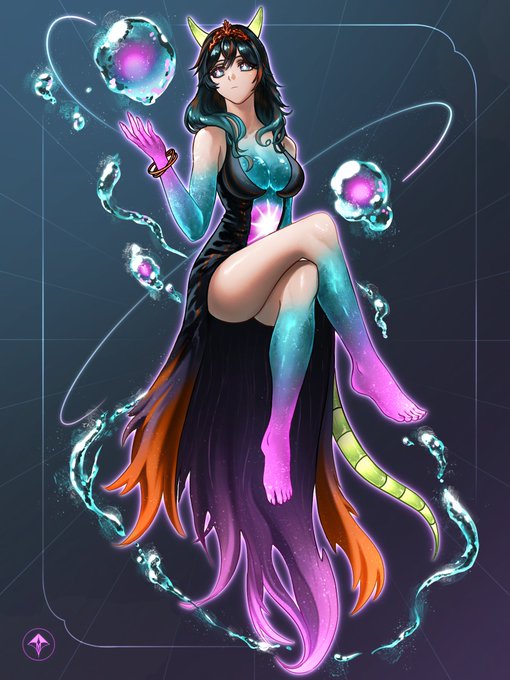 An anime-style illustration features a horned female character with magical orbs, flowing dark and orange garments, and teal-to-purple gradient skin.