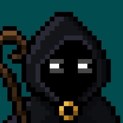 A pixel art illustration of a hooded, shadowy grim reaper figure holding a scythe against a dark teal background, with white glowing eyes.