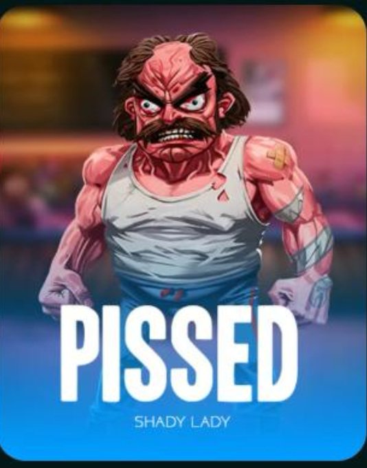 The image depicts a fierce, muscular cartoon man with torn clothing and bandages, accompanied by the text "PISSED" and "SHADY LADY," fitting the theme of the PISSED Mini Flash competition held by @TGCasino_ where $TGC prizes were awarded.