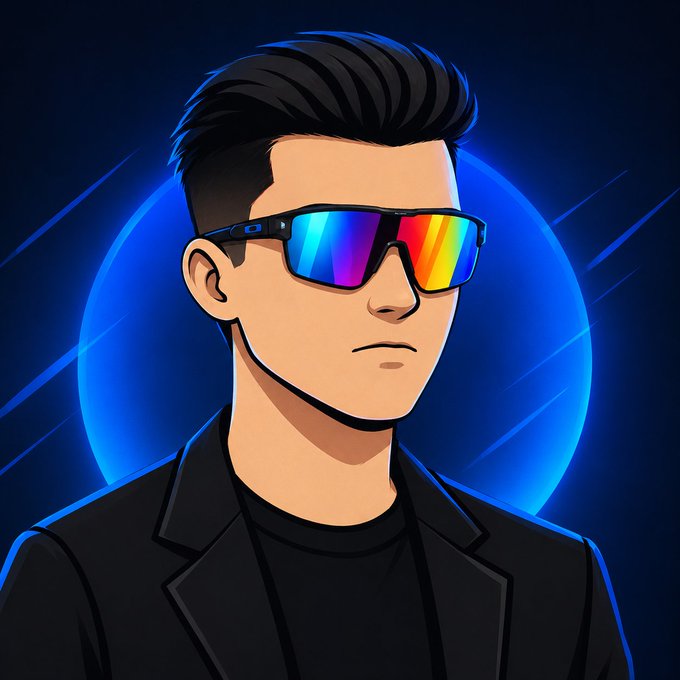 A digital illustration of a stylized man with dark hair wearing rainbow-tinted sunglasses and a black blazer against a dark blue background with a glowing blue circular halo.