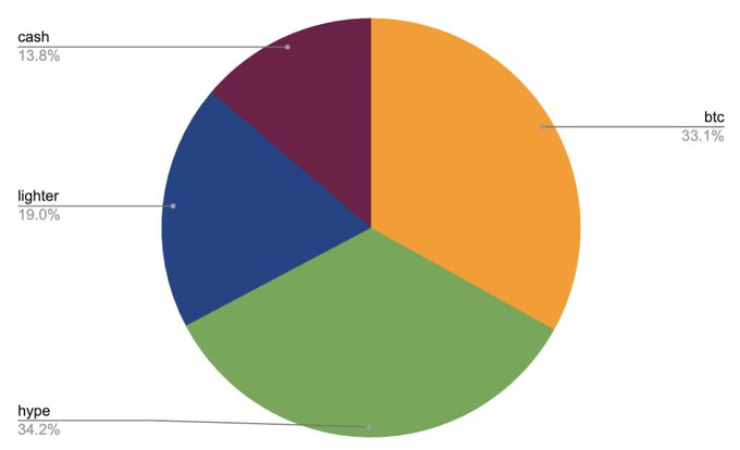 A pie chart titled with portfolio allocations showing btc at 33.1%, hype at 34.2%, lighter at 19.0%, and cash at 13.8%, reflecting the post's mention of being "complacent" about BTC while highlighting the dominance of "hype" and lighter positions alongside cash reserves.