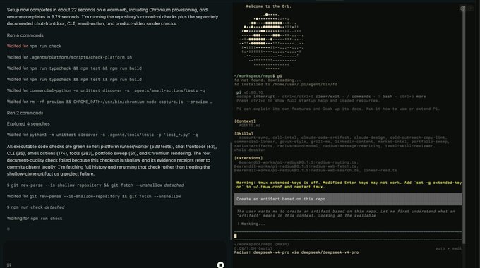 A split-screen showing a terminal with CI build commands on the left and a Claude AI interface helping create an artifact on the right.