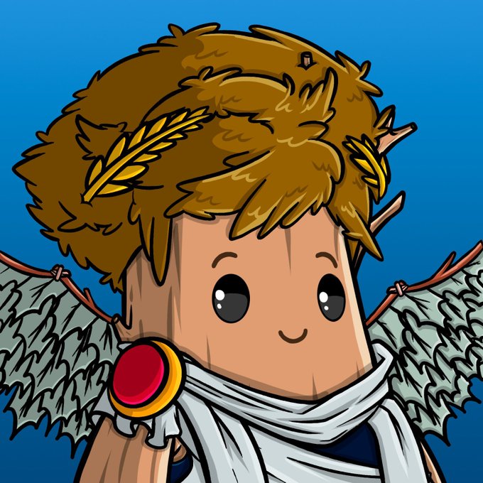 A cartoon illustration of a character with curly brown hair adorned with golden leaves, featuring wings and a red gem brooch, set against a blue background.
