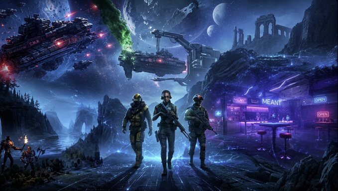 The image showcases three armed figures standing in a dramatic sci-fi landscape with massive spaceships, a bar with neon "OPEN" signs reading "MEANT," and a moonlit alien vista. This epic scene ties into the Gala Games post, visually representing the diverse, action-packed gaming experiences—from strategy to browser play—that the platform offers.