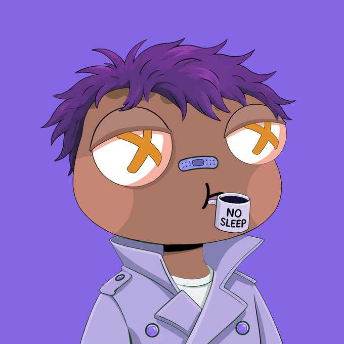 A digital illustration of a character with purple hair and orange 'X' eyes drinking from a mug labeled 'NO SLEEP' while wearing a band-aid on their nose, set against a purple background.