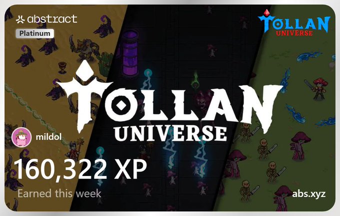The image features a poster for a video game called "Tollan Universe". The poster displays various elements related to the game, such as characters from the game, a map of the game world, and a list of achievements or rewards that players can earn. A player's name is also visible on the poster. 

The main focus of the image is a person who has earned 160,322 XP in the game this week. The post includes a caption that reads "mildol just earned 160,322 XP this week! @Abstractchain #XPCard #abs - 1k marbles in @Onchainheroes #1ton of cookies in @Onchainchemists I reached a new ATH Happy XP day!".