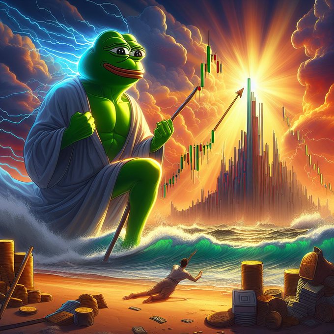 A meme-style AI illustration depicting a muscular Pepe the Frog in a toga sitting on clouds with a staff, pointing a glowing arrow at a stock chart showing a massive upward green candle spike, while a small figure worships stacks of gold coins on the beach below.