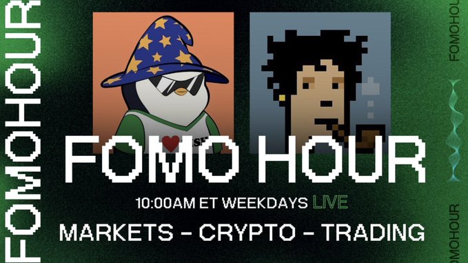 Promotional graphic for "FOMO HOUR," a live show airing weekdays at 10:00 AM ET, featuring two cartoon avatars (a penguin-like figure in a wizard hat and a pixelated character) above the text "MARKETS - CRYPTO - TRADING," teasing upcoming topics like BTC bottom signs, Solana's disinflation vote, and the FWA controversy.