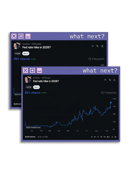 Two stacked "what next?" window graphics from Polymarket displaying an 89% chance prediction for "Fed rate hike in 2026?" with a rising trend chart through September.