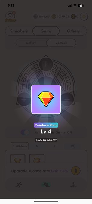 The image shows a phone screen displaying an app icon with a diamond shape, surrounded by various other icons. The text "Rainbow Gem" is displayed next to the diamond-shaped icon. The background of the image appears to be a white wall or surface. There are also some words written in the bottom right corner of the image that read "Stepn".